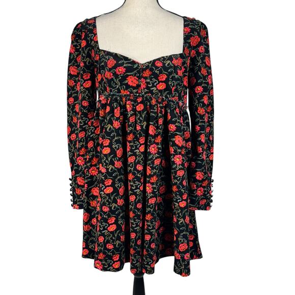 Free People Large Bessie Corduroy Mini Dress Floral Puff Sleeves Sweatheart Neck - Picture 2 of 14
